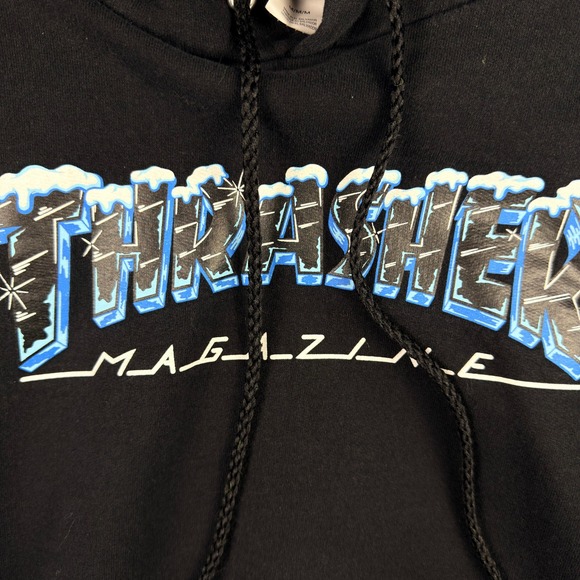 Thrasher Magazine Black Hoodie Ice Spellout Logo Graphic Sweatshirt Mens M - Picture 4 of 8